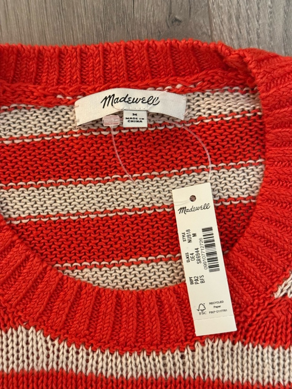 Madewell NWT Linen Striped Drop Shoulder Sweater Medium Red Whites - Picture 5 of 8